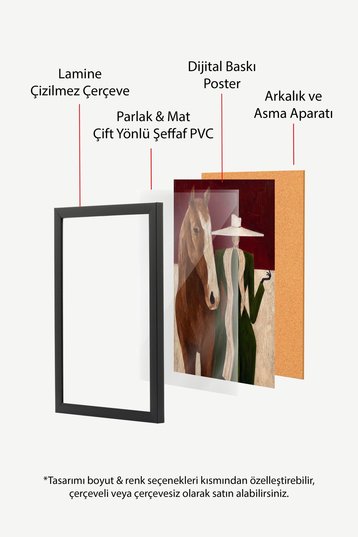 At ve Kadın İllüstrasyonu Poster – Siyah Çerçeveli Tablo
