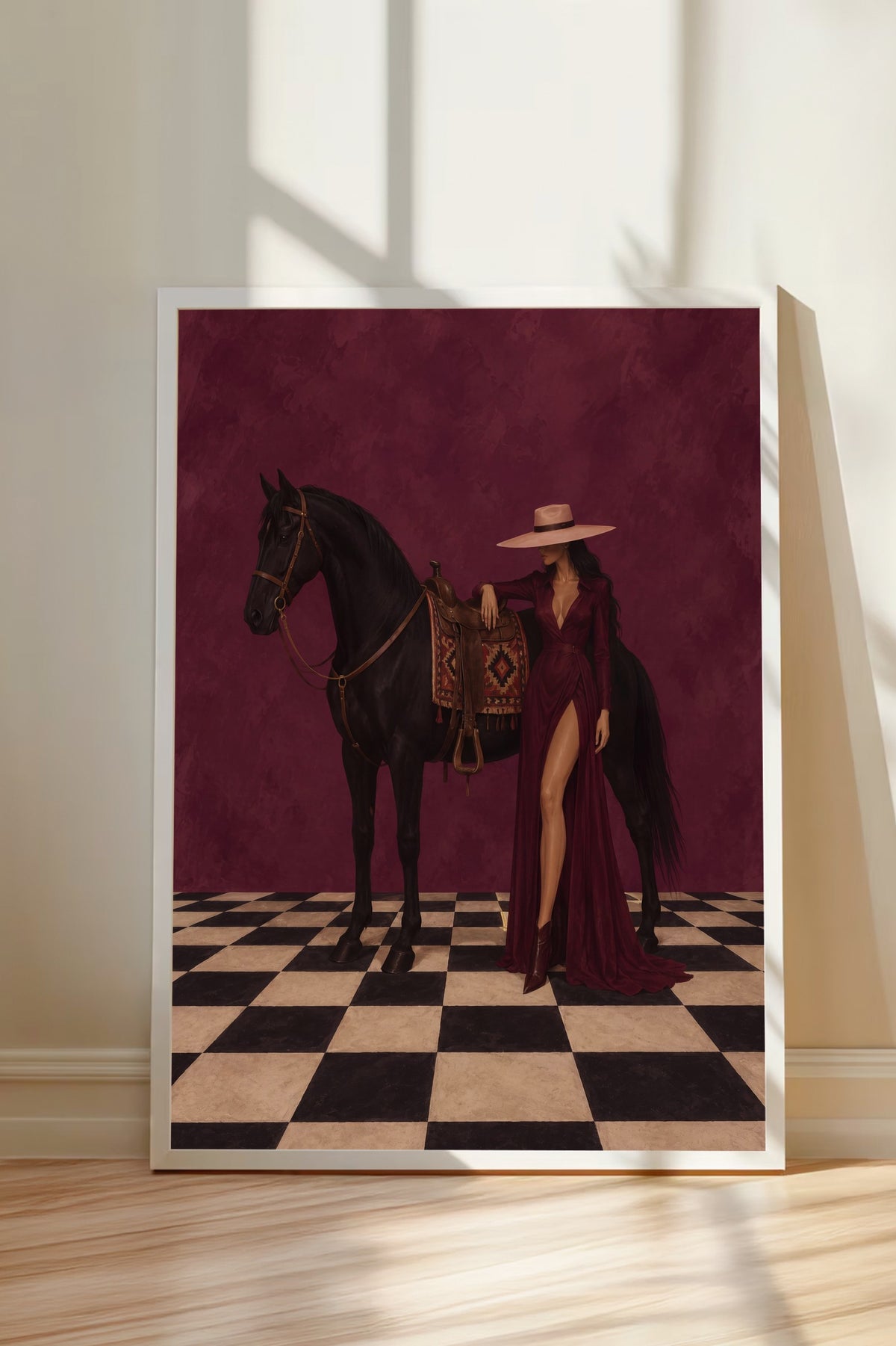At ve Kadın Figürü Poster – Beyaz Çerçeveli Tablo