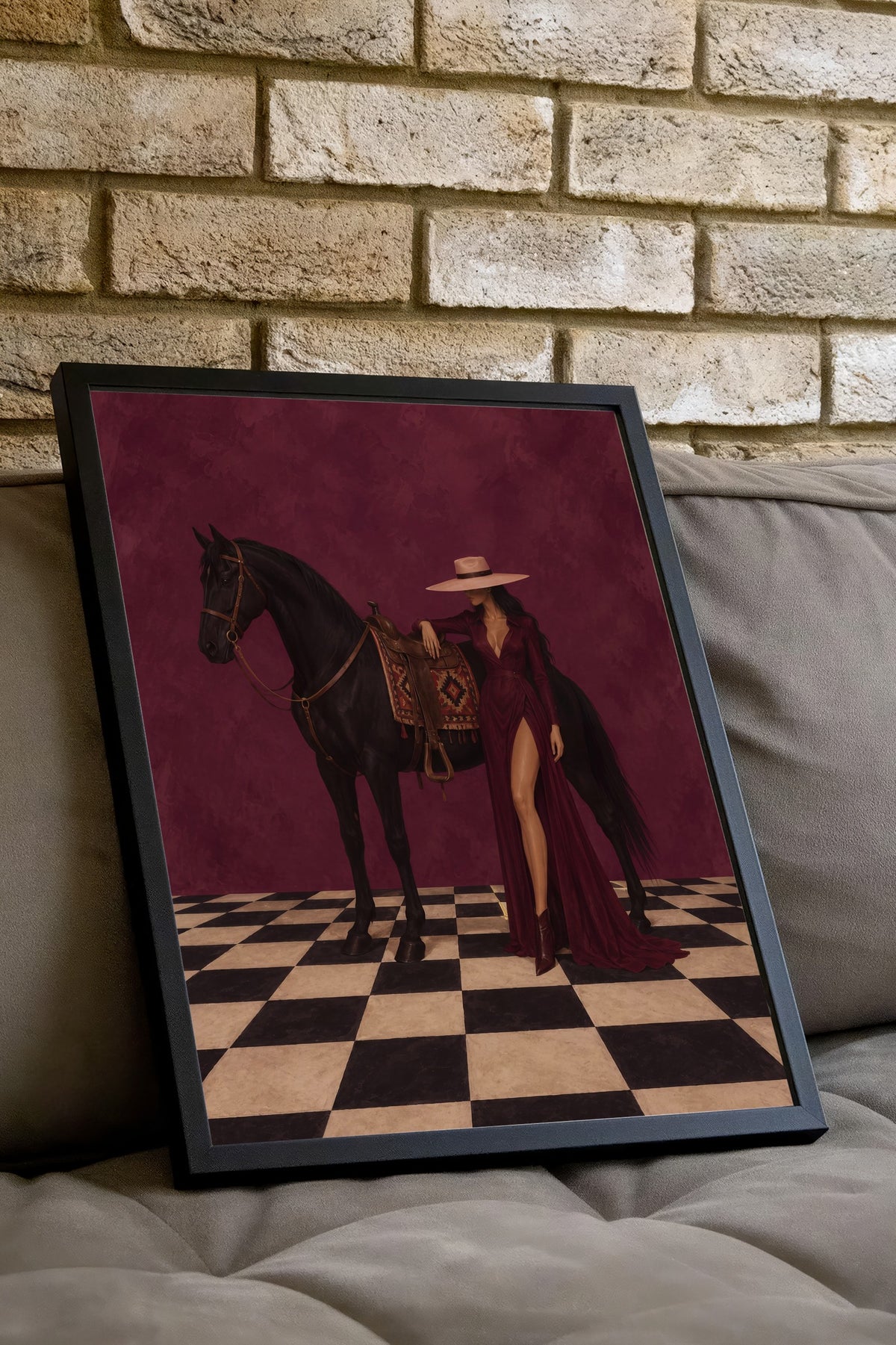 At ve Kadın Figürü Poster – Siyah Çerçeveli Tablo