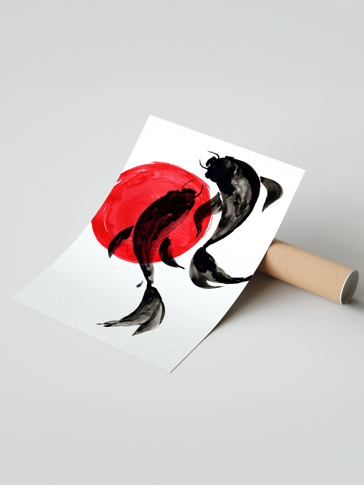 Koi Balıkları ve Kırmızı Güneş Çerçevesiz Poster