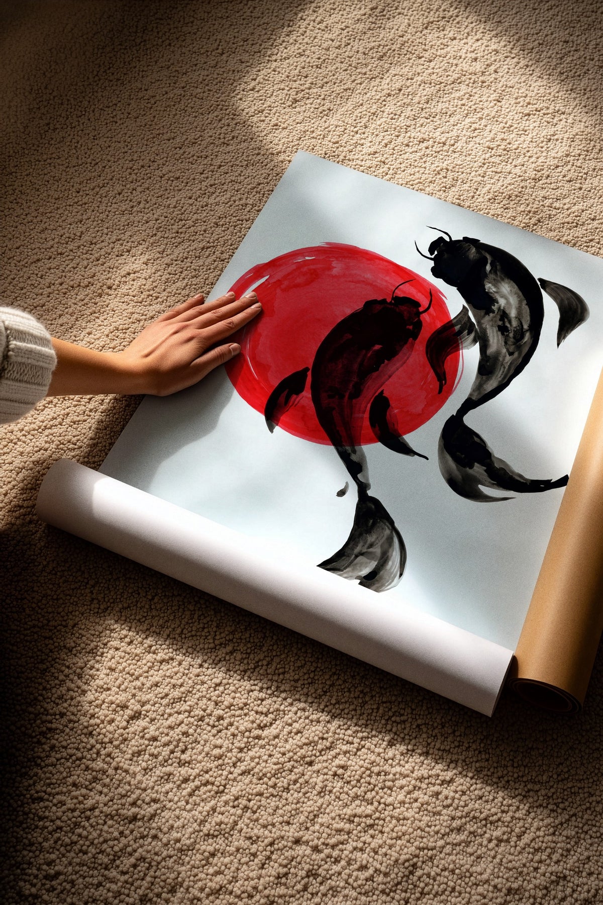 Koi Balıkları ve Kırmızı Güneş Çerçevesiz Poster