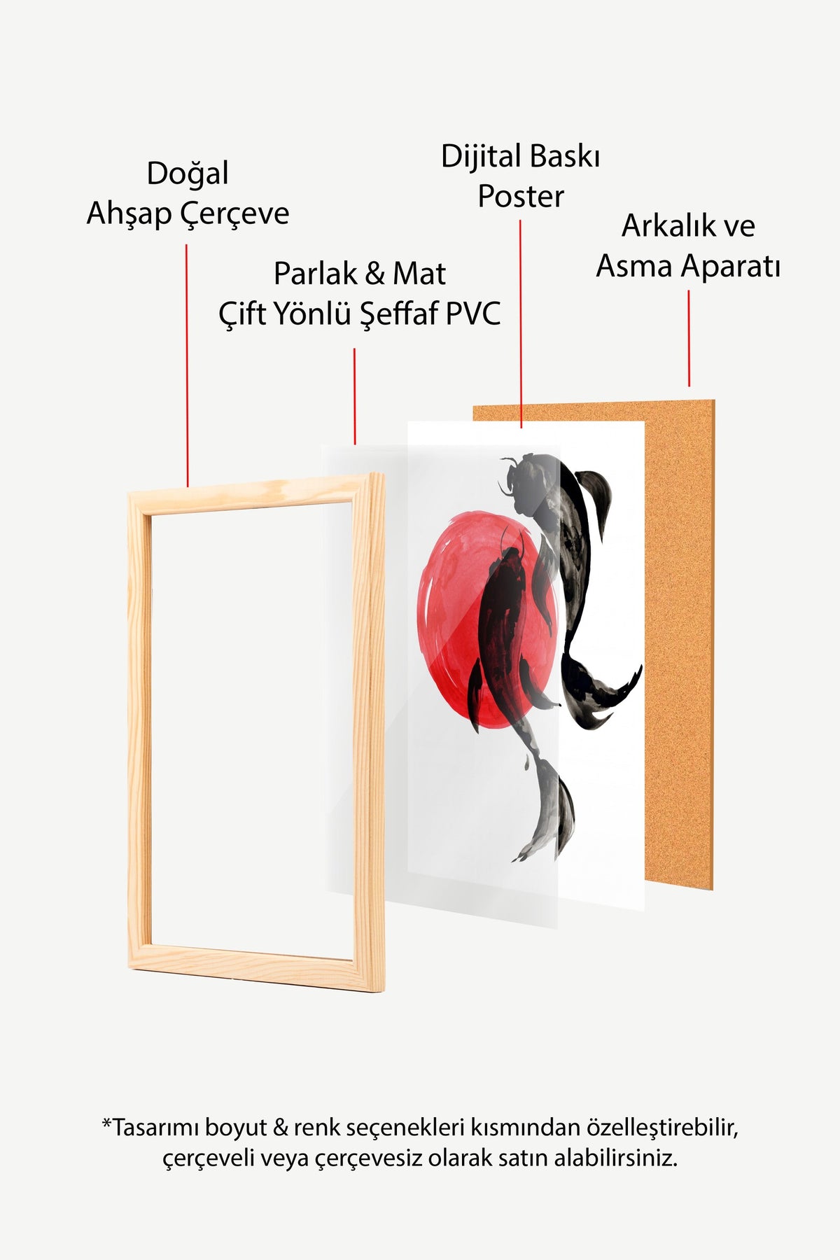 Koi Balıkları ve Kırmızı Güneş Poster – Ahşap Çerçeveli Tablo