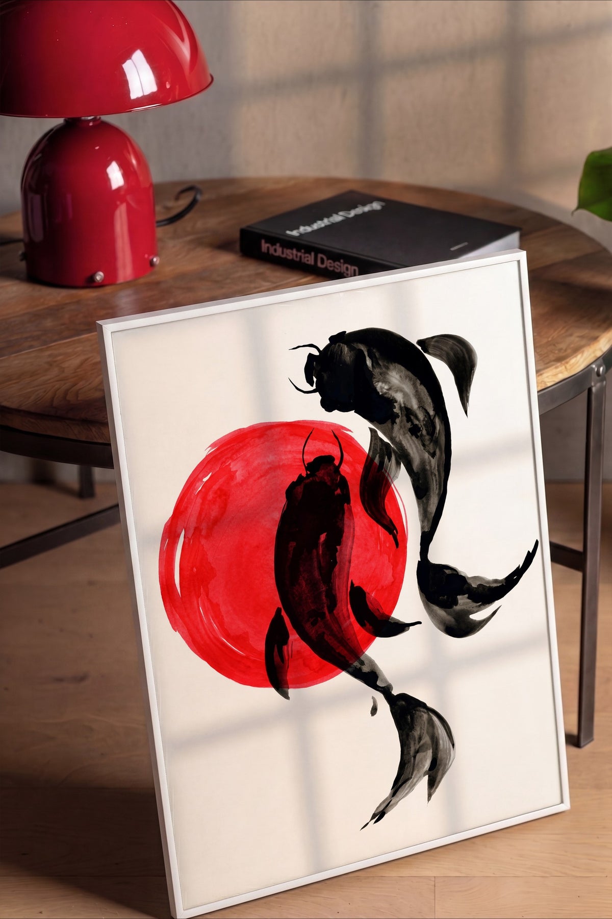 Koi Balıkları ve Kırmızı Güneş Poster – Beyaz Çerçeveli Tablo