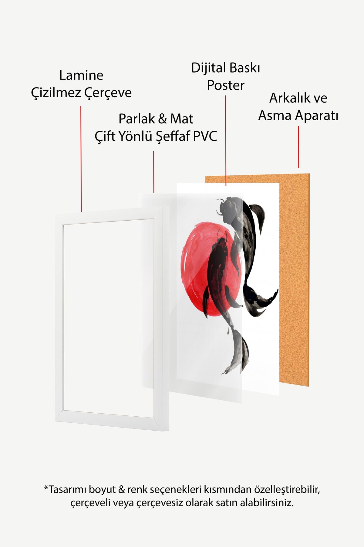 Koi Balıkları ve Kırmızı Güneş Poster – Beyaz Çerçeveli Tablo