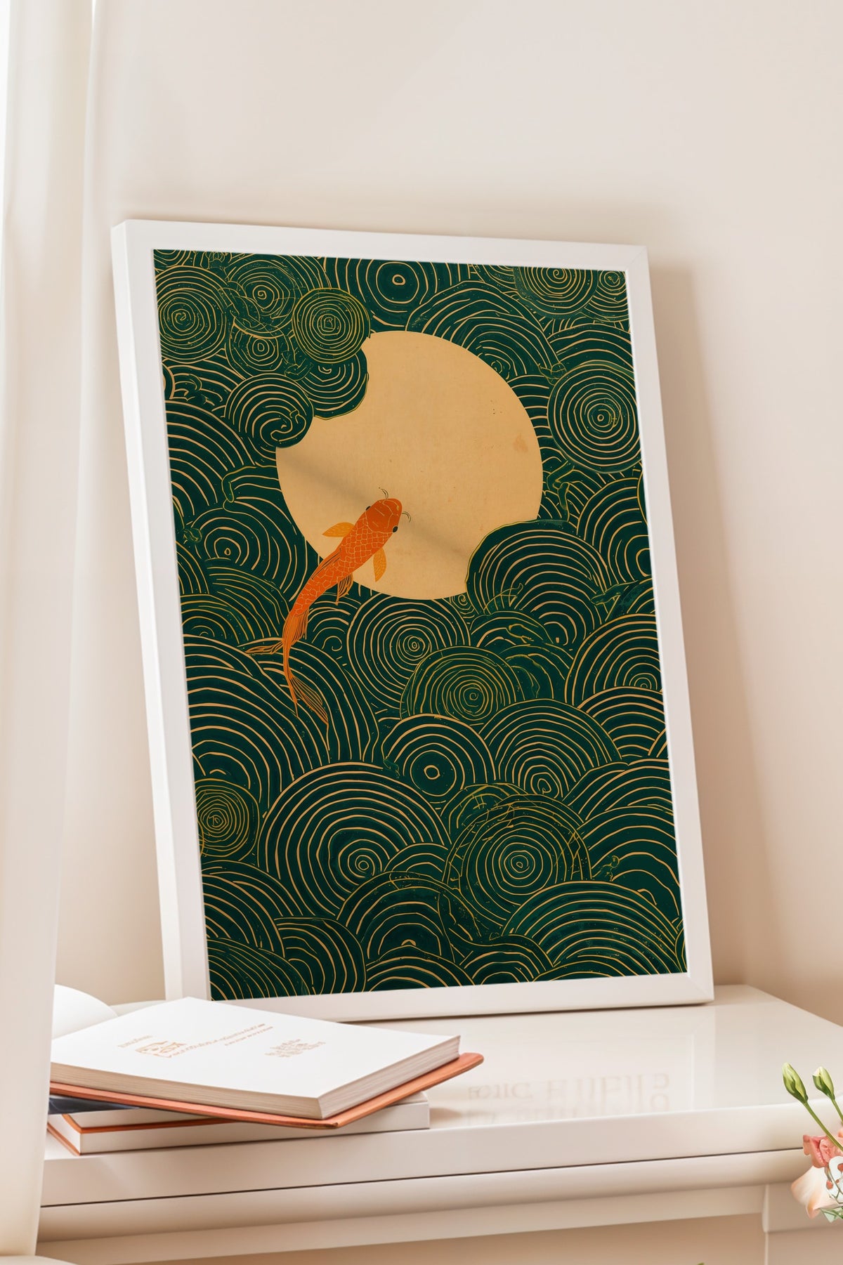 Dairesel Desenler ve Koi Balığı Poster – Beyaz Çerçeveli Tablo