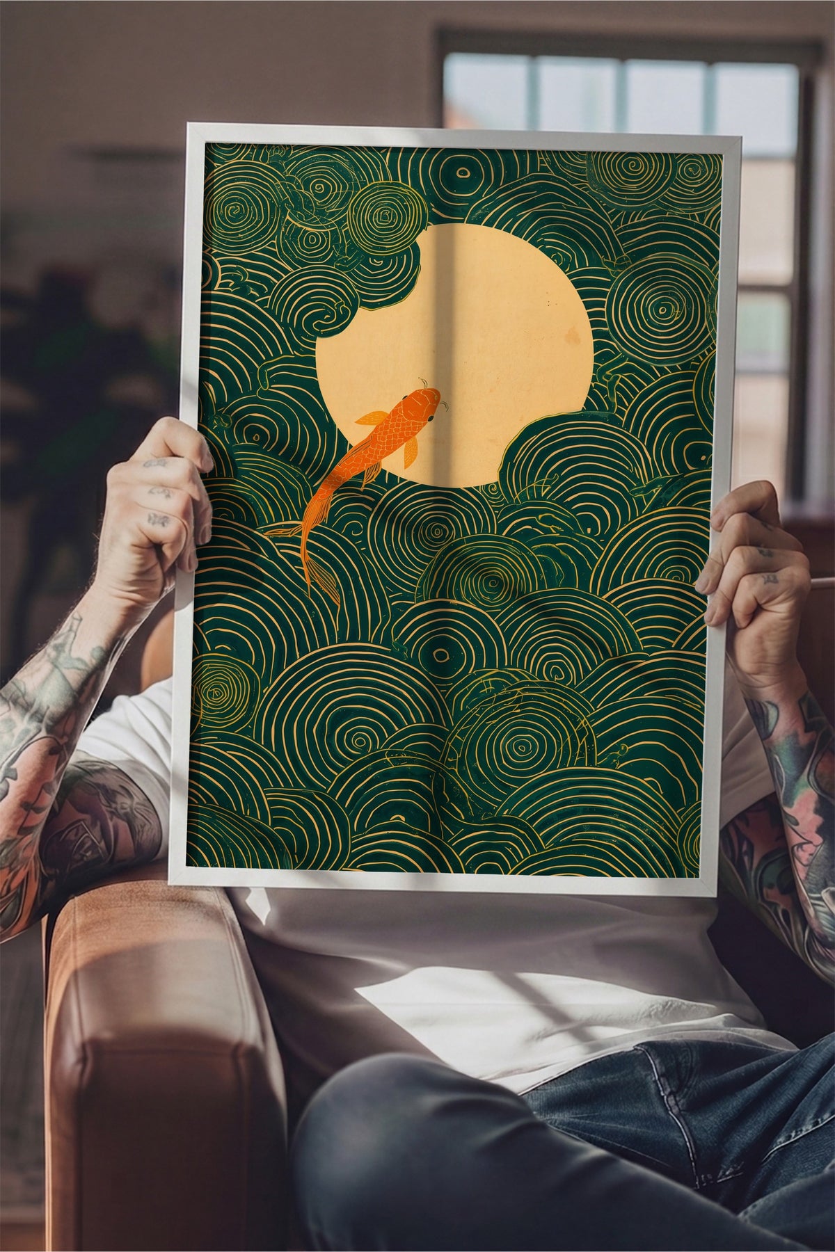 Dairesel Desenler ve Koi Balığı Poster – Beyaz Çerçeveli Tablo