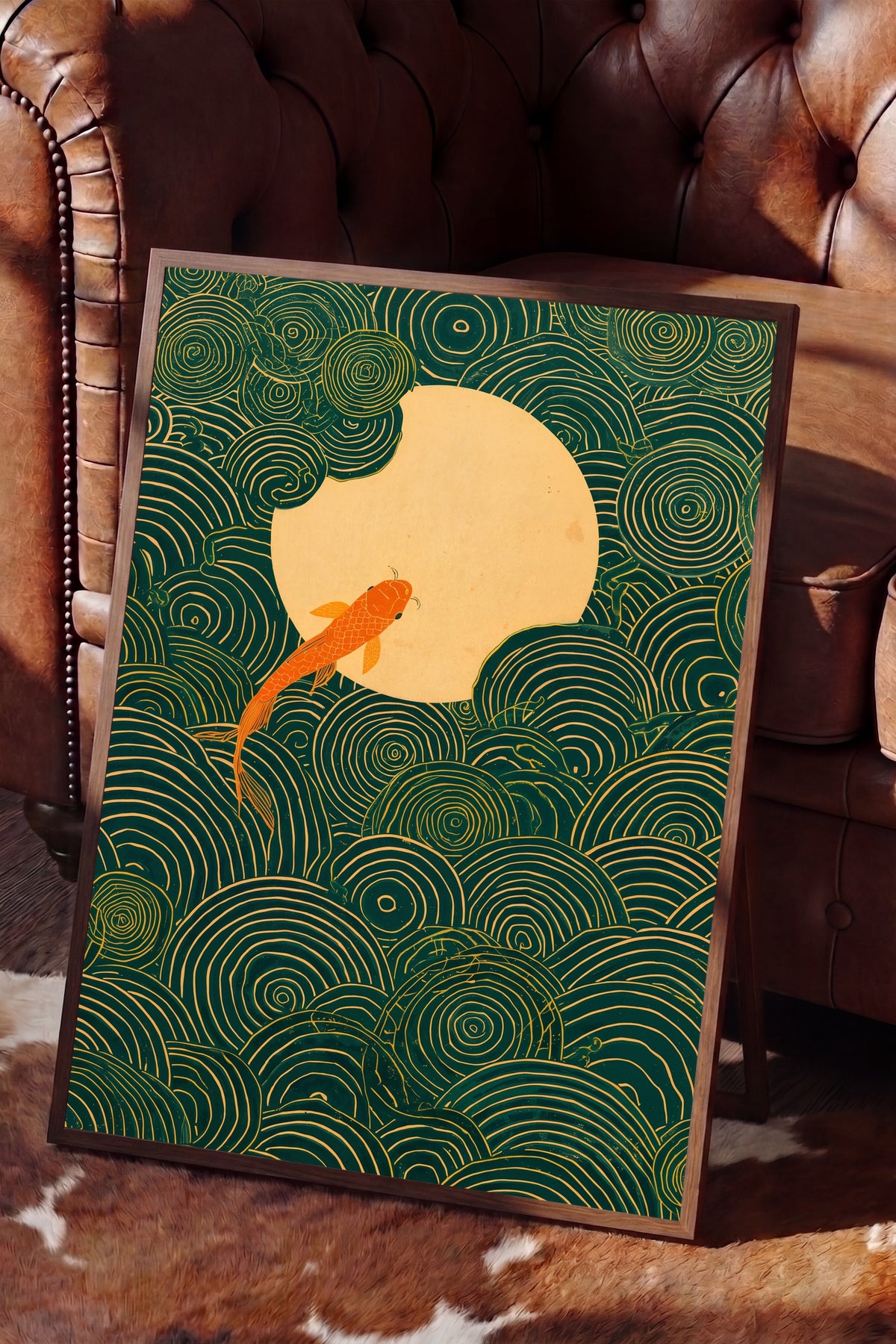 Dairesel Desenler ve Koi Balığı Poster – Kahverengi Çerçeveli Tablo