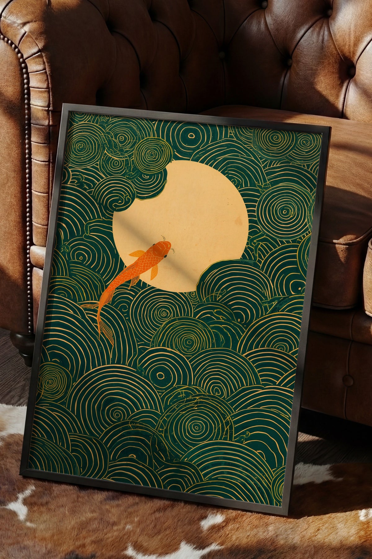 Dairesel Desenler ve Koi Balığı Poster – Siyah Çerçeveli Tablo