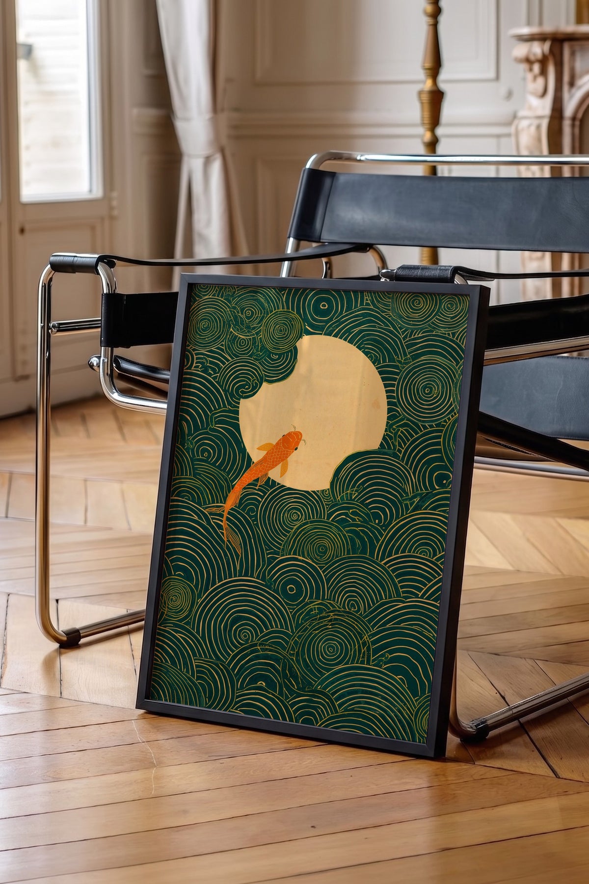 Dairesel Desenler ve Koi Balığı Poster – Siyah Çerçeveli Tablo