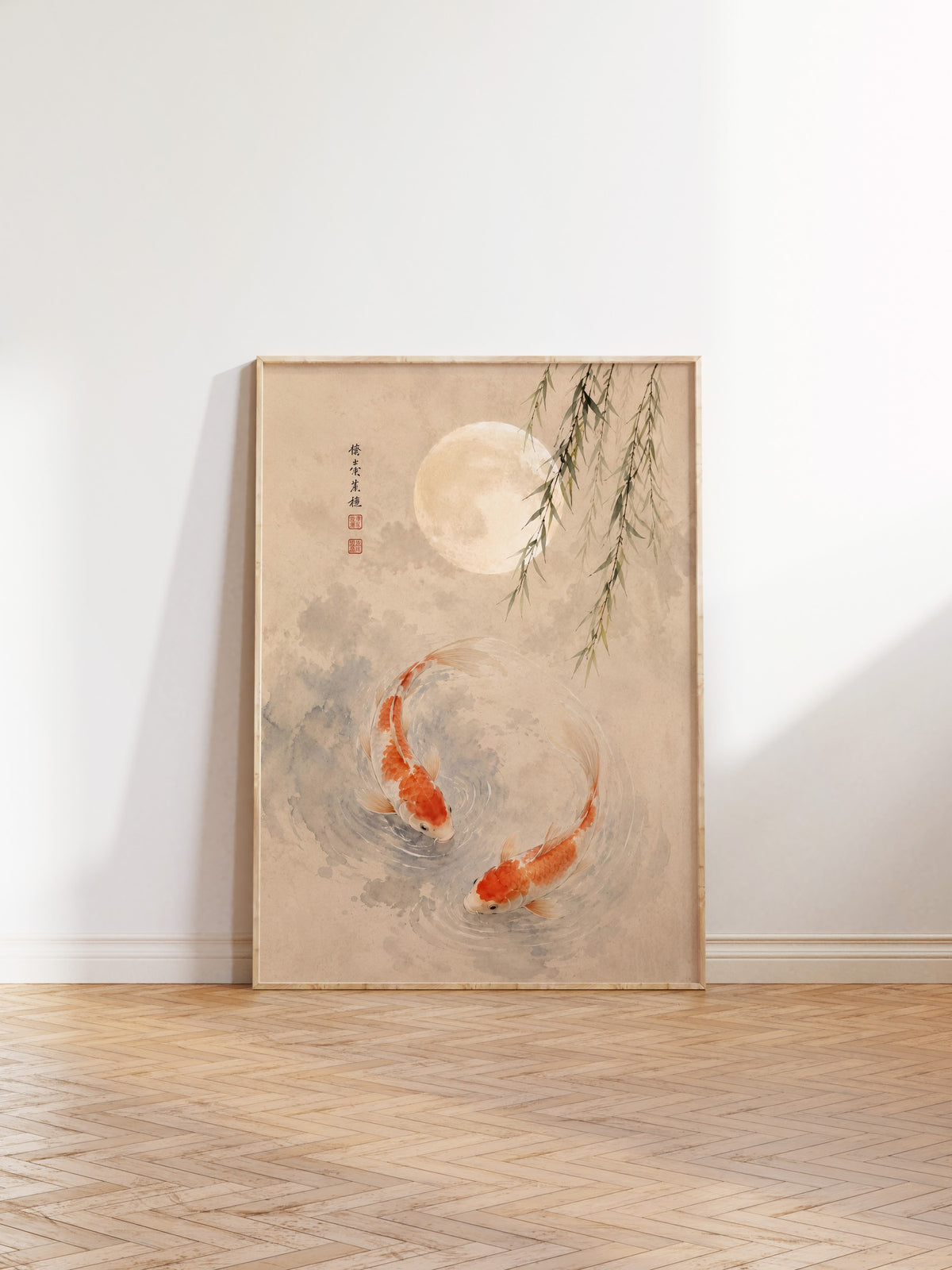 Koi Balıkları ve Ay Poster – Ahşap Çerçeveli Tablo