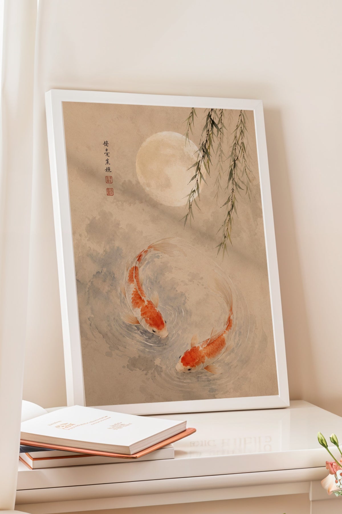 Koi Balıkları ve Ay Poster – Beyaz Çerçeveli Tablo