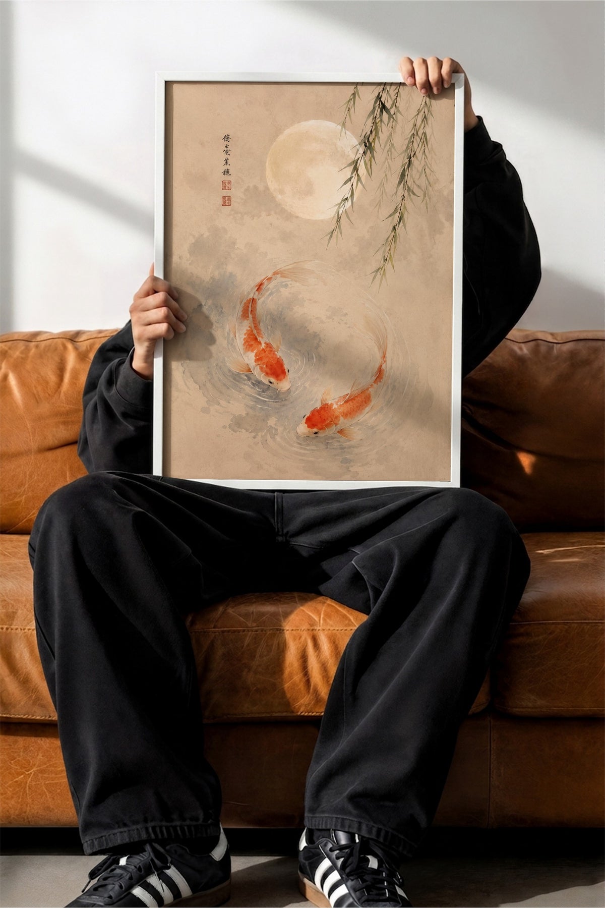 Koi Balıkları ve Ay Poster – Beyaz Çerçeveli Tablo