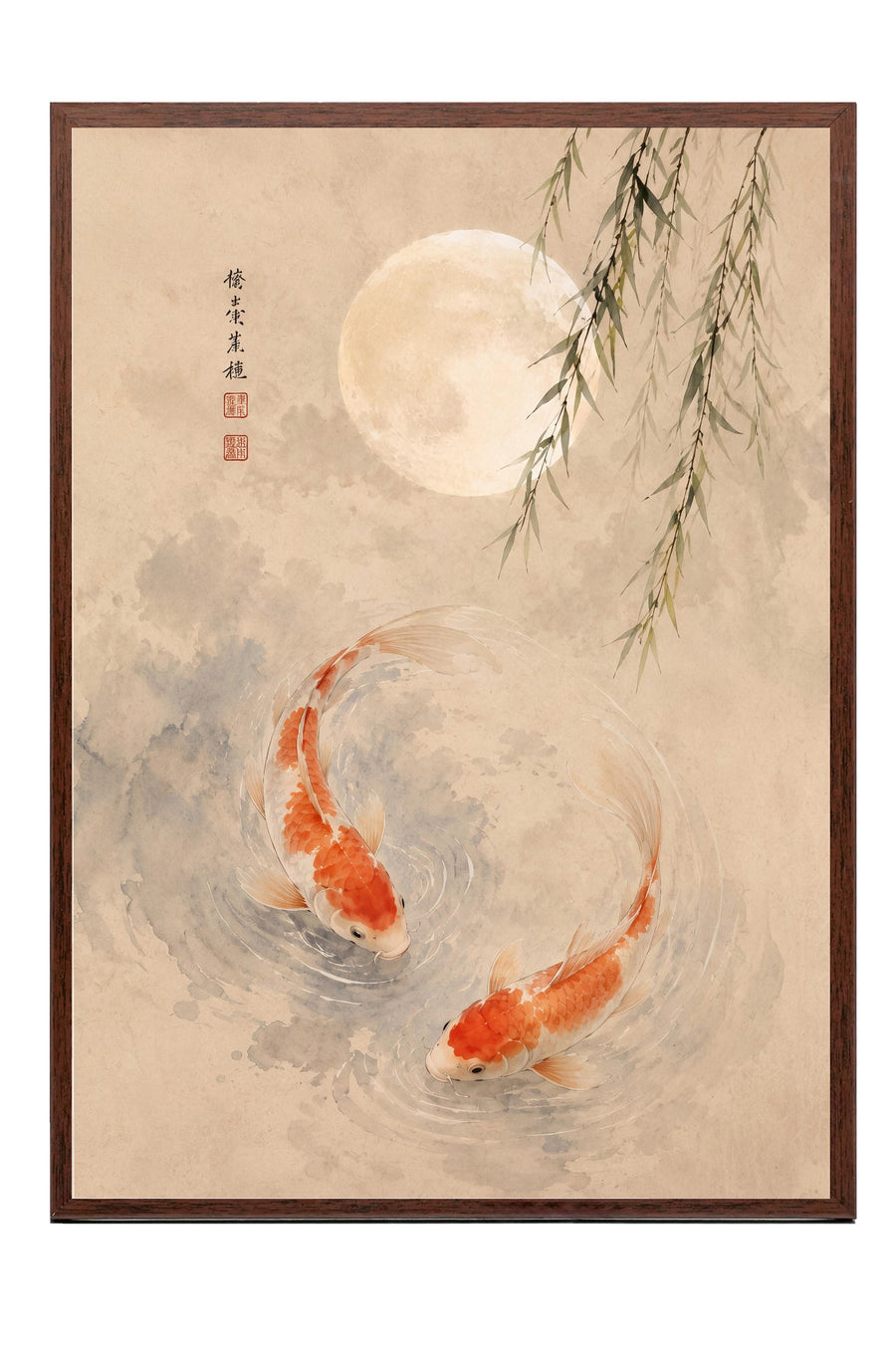 Koi Balıkları ve Ay Poster – Kahverengi Çerçeveli Tablo