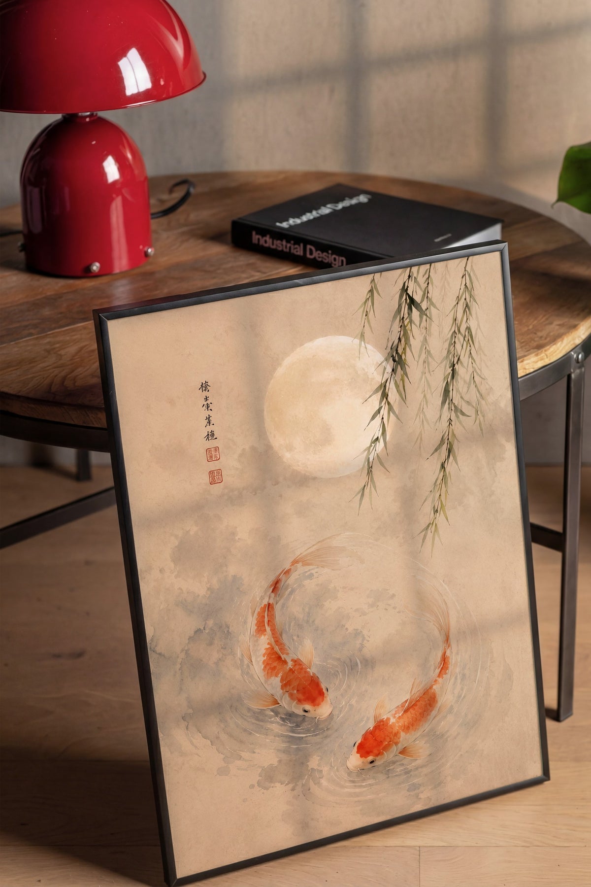 Koi Balıkları ve Ay Poster – Siyah Çerçeveli Tablo