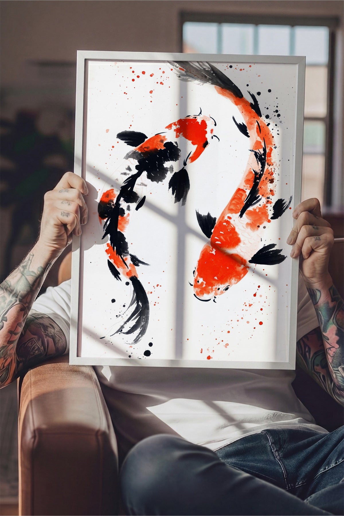 Soyut Japon Balığı İllüstrasyonu Poster – Beyaz Çerçeveli Tablo
