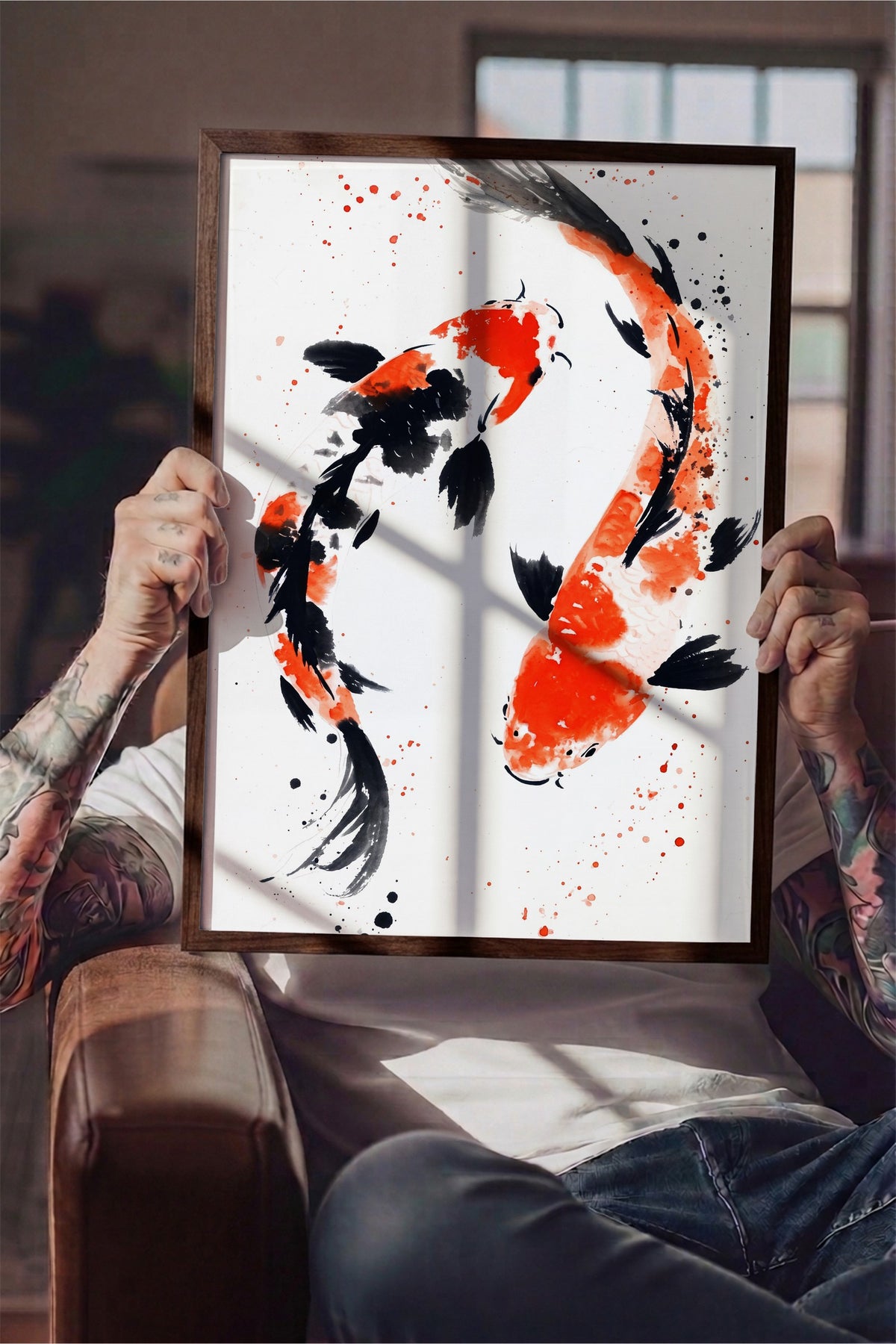 Soyut Japon Balığı İllüstrasyonu Poster – Kahverengi Çerçeveli Tablo