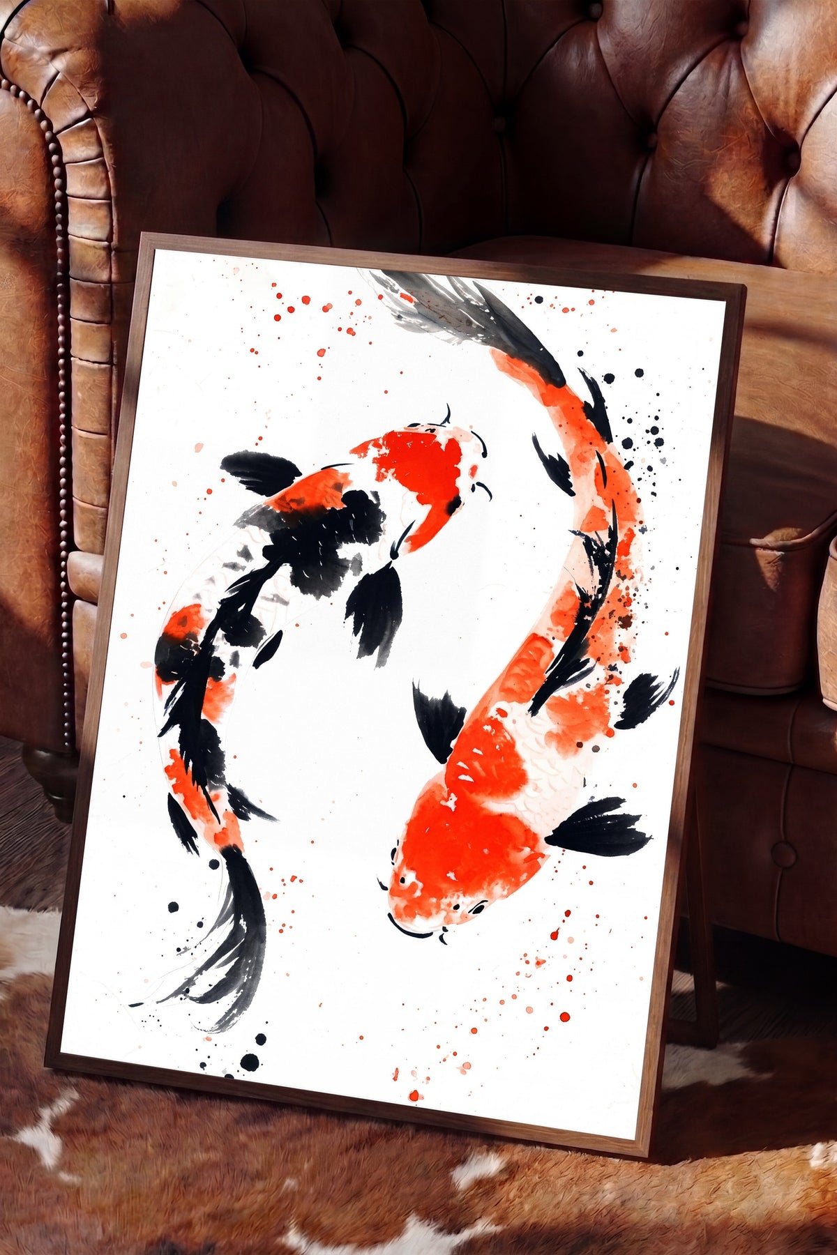 Soyut Japon Balığı İllüstrasyonu Poster – Kahverengi Çerçeveli Tablo