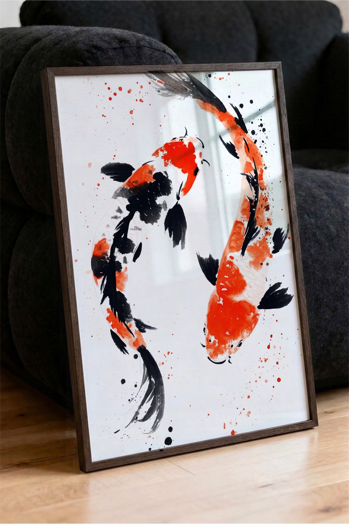 Soyut Japon Balığı İllüstrasyonu Poster – Kahverengi Çerçeveli Tablo