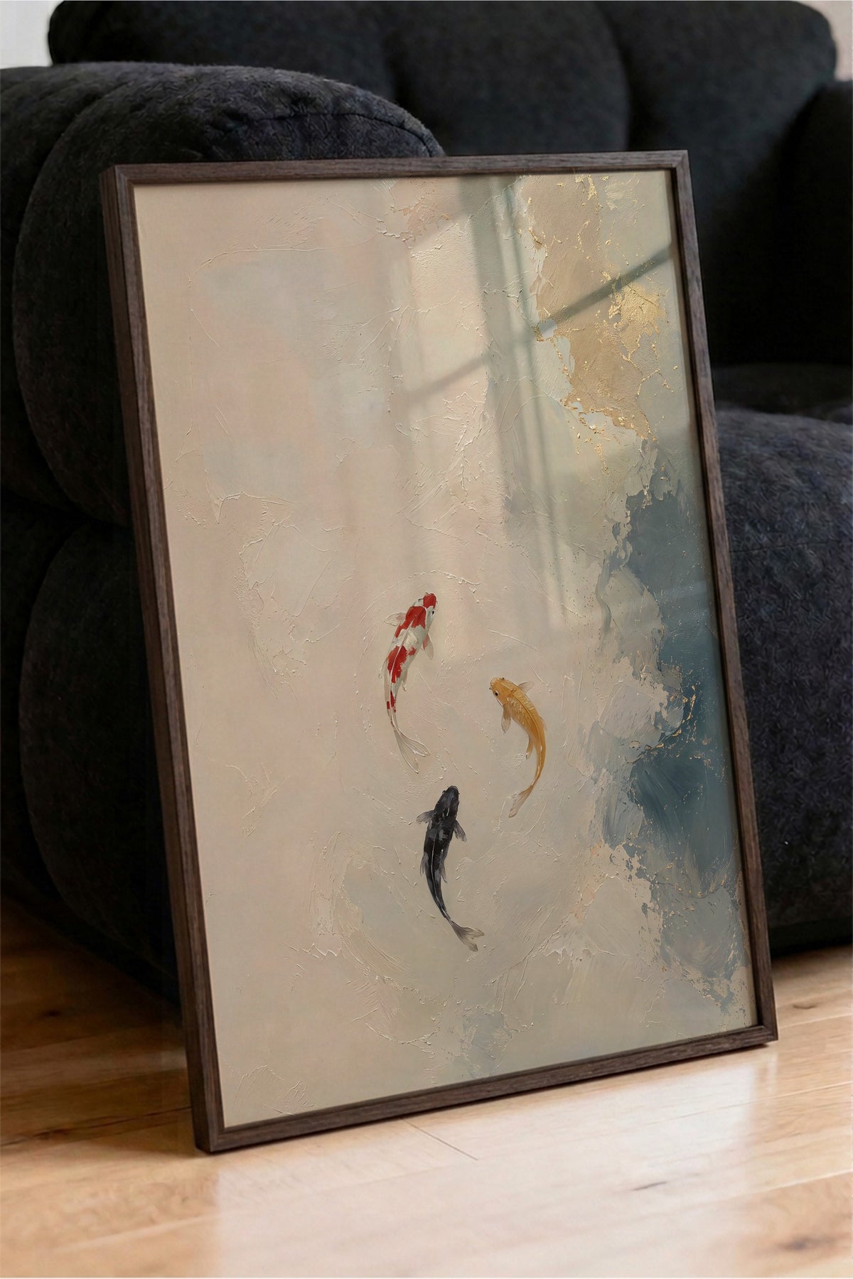 Soyut Koi Balıkları Poster – Kahverengi Çerçeveli Tablo