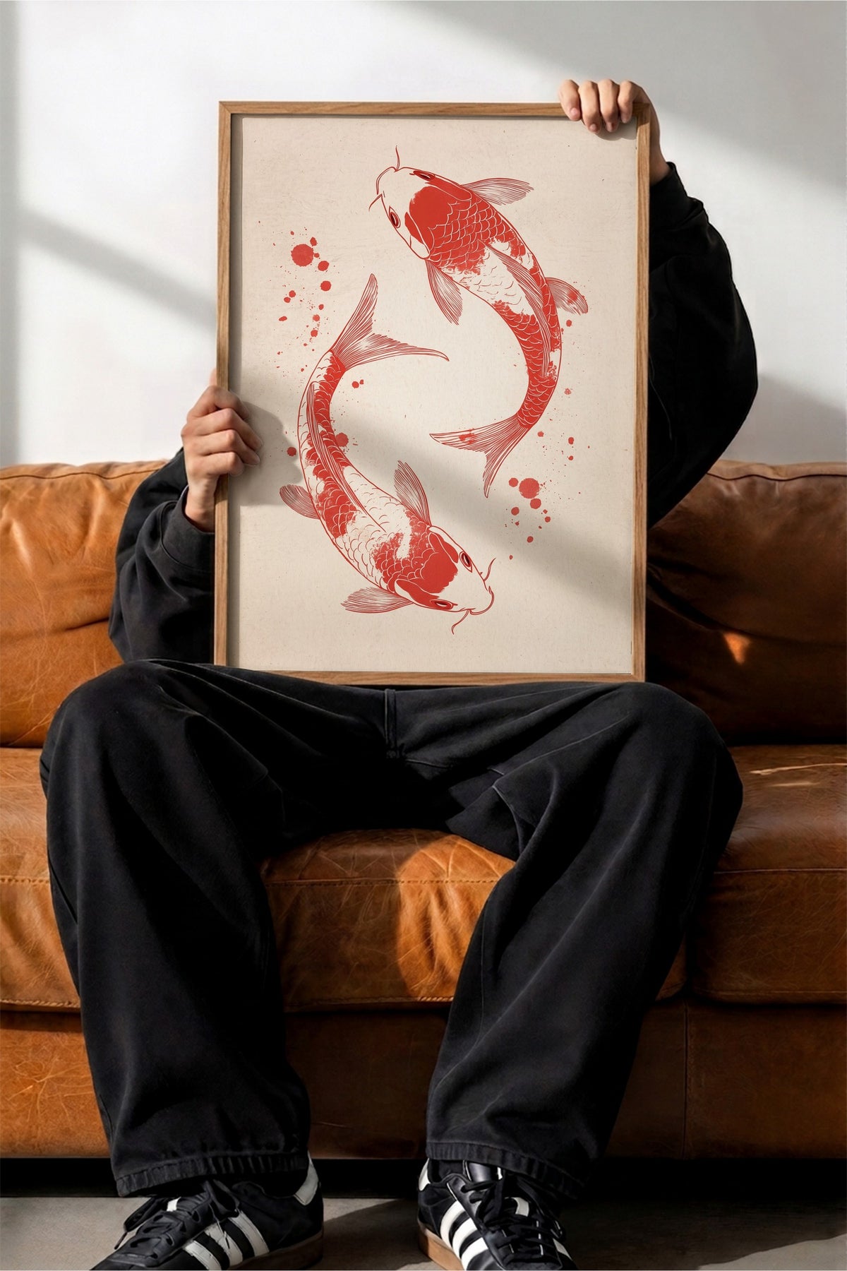Koi Balıkları İllüstrasyonu Poster – Ahşap Çerçeveli Tablo