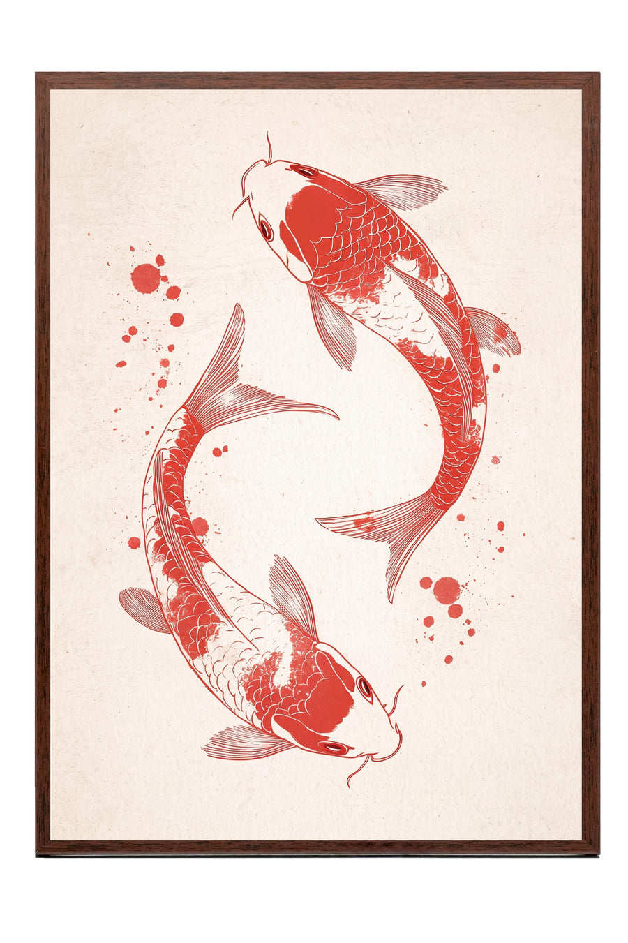 Koi Balıkları İllüstrasyonu Poster – Kahverengi Çerçeveli Tablo