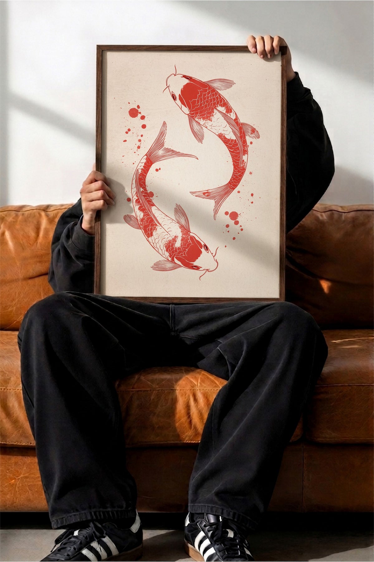 Koi Balıkları İllüstrasyonu Poster – Kahverengi Çerçeveli Tablo