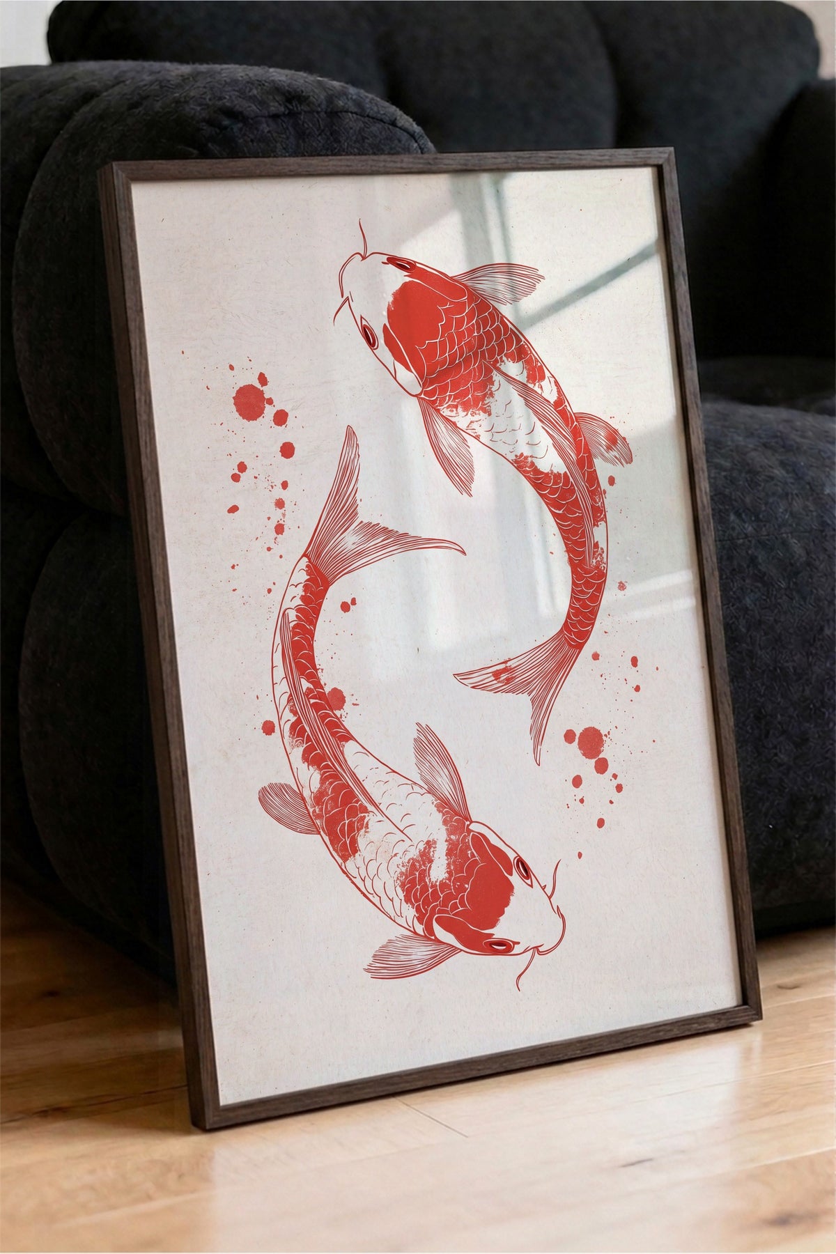 Koi Balıkları İllüstrasyonu Poster – Kahverengi Çerçeveli Tablo