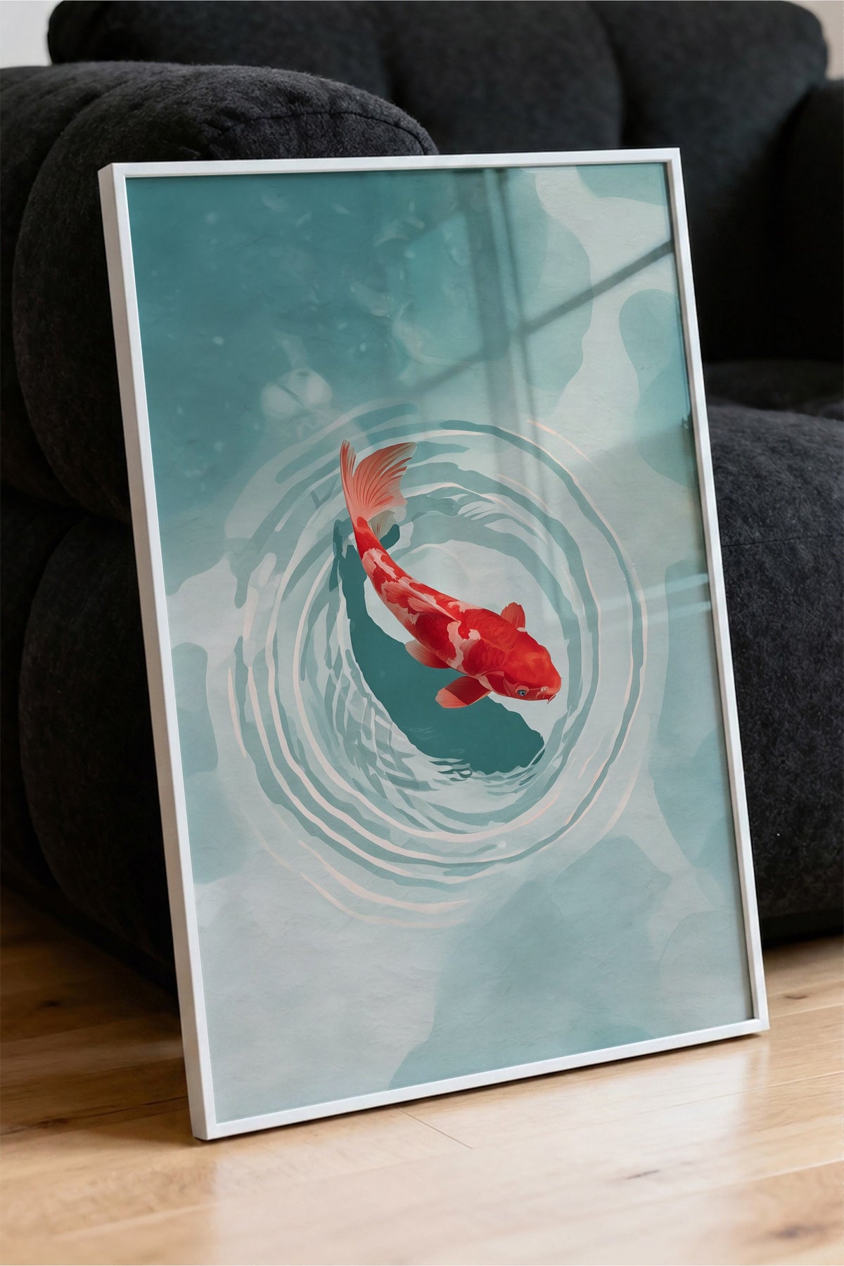 Su Üzerinde Koi Balığı Poster – Beyaz Çerçeveli Tablo