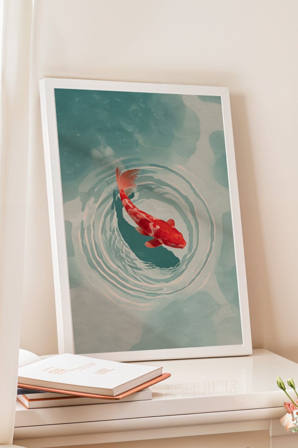 Su Üzerinde Koi Balığı Poster – Beyaz Çerçeveli Tablo