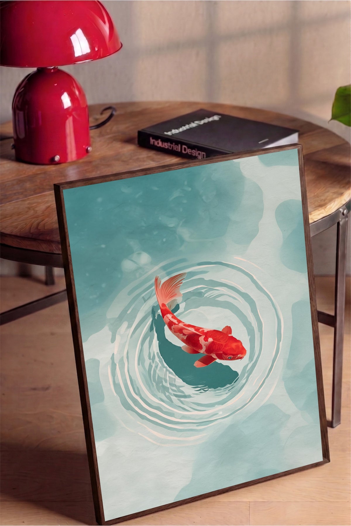 Su Üzerinde Koi Balığı Poster – Kahverengi Çerçeveli Tablo
