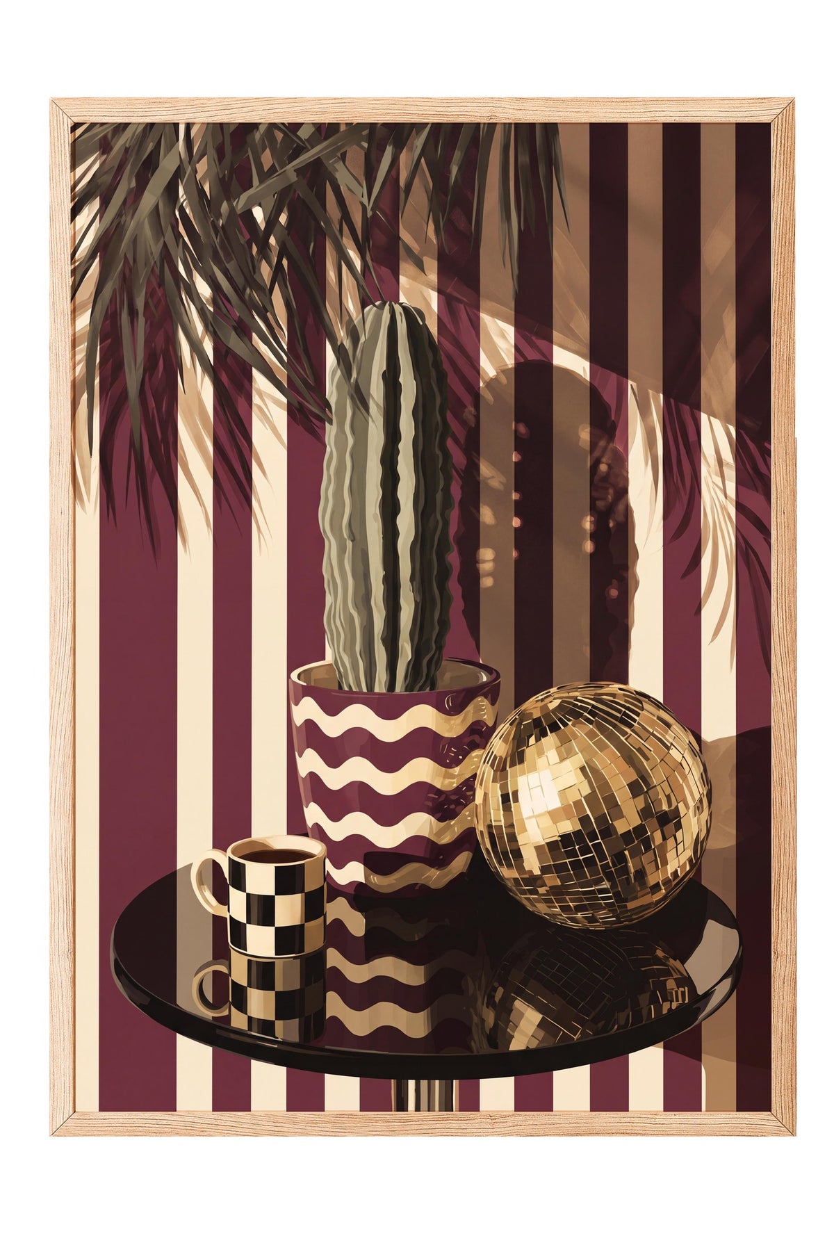 Retro Kaktüs ve Disko Küresi Poster – Ahşap Çerçeveli Tablo