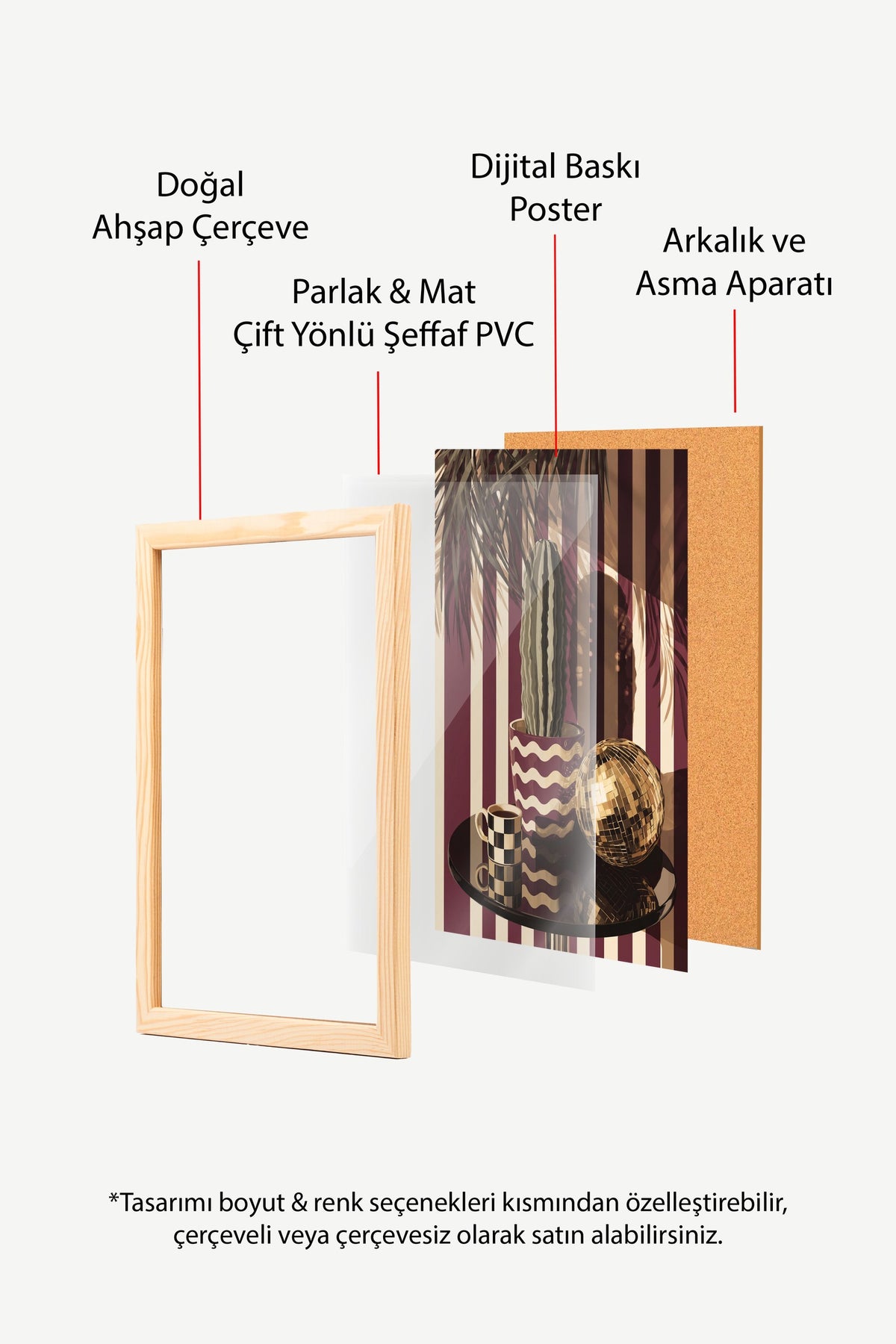 Retro Kaktüs ve Disko Küresi Poster – Ahşap Çerçeveli Tablo