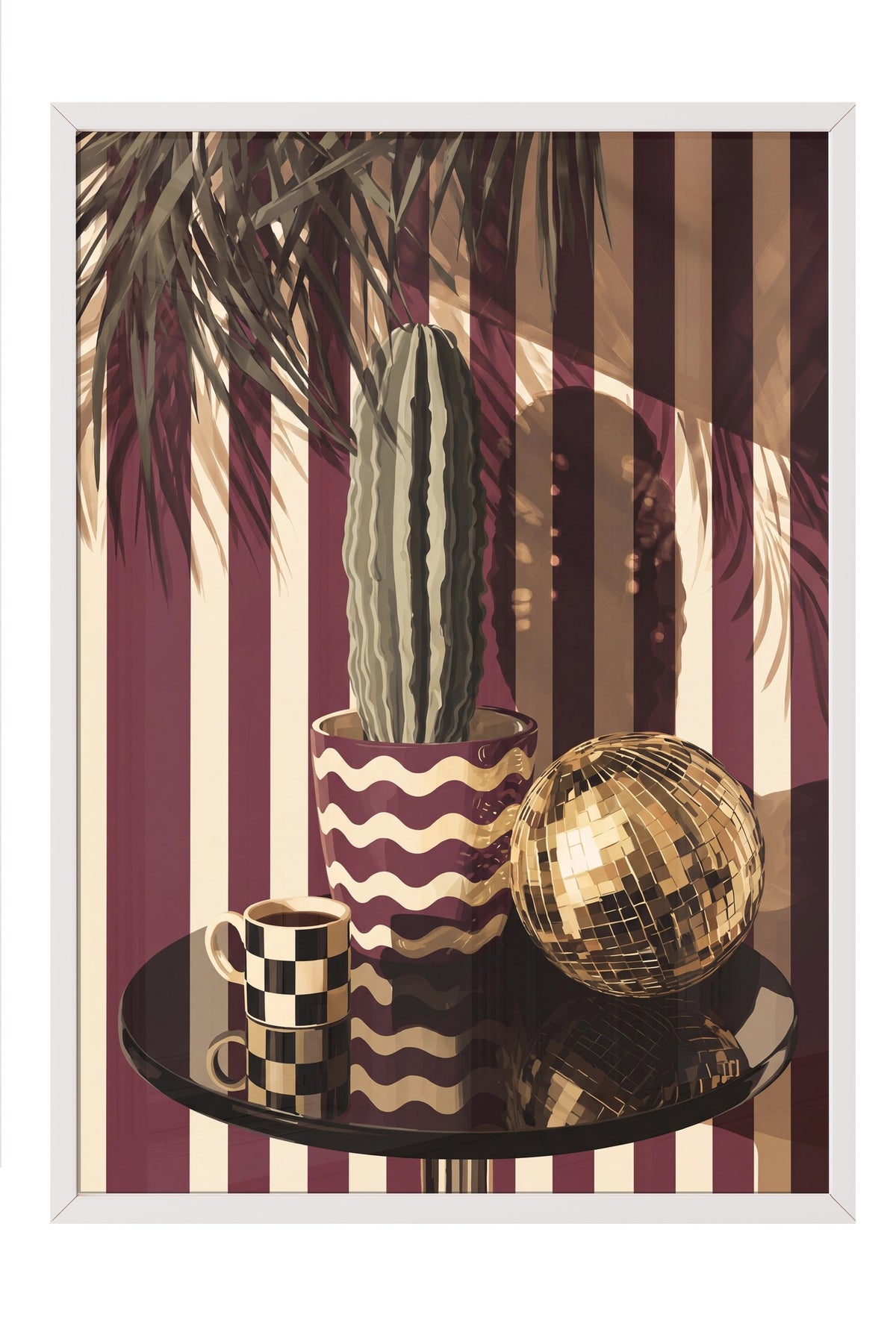 Retro Kaktüs ve Disko Küresi Poster – Beyaz Çerçeveli Tablo