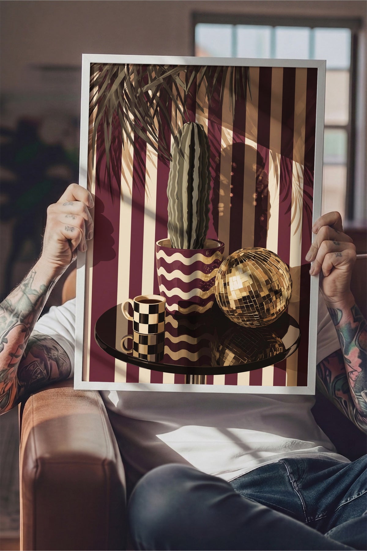 Retro Kaktüs ve Disko Küresi Poster – Beyaz Çerçeveli Tablo