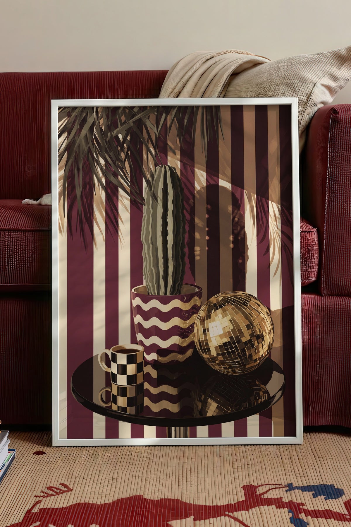 Retro Kaktüs ve Disko Küresi Poster – Beyaz Çerçeveli Tablo