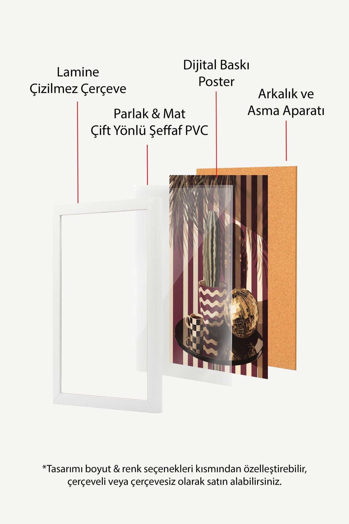 Retro Kaktüs ve Disko Küresi Poster – Beyaz Çerçeveli Tablo