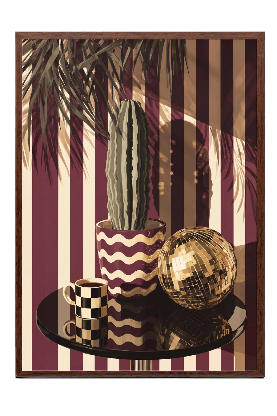 Retro Kaktüs ve Disko Küresi Poster – Kahverengi Çerçeveli Tablo
