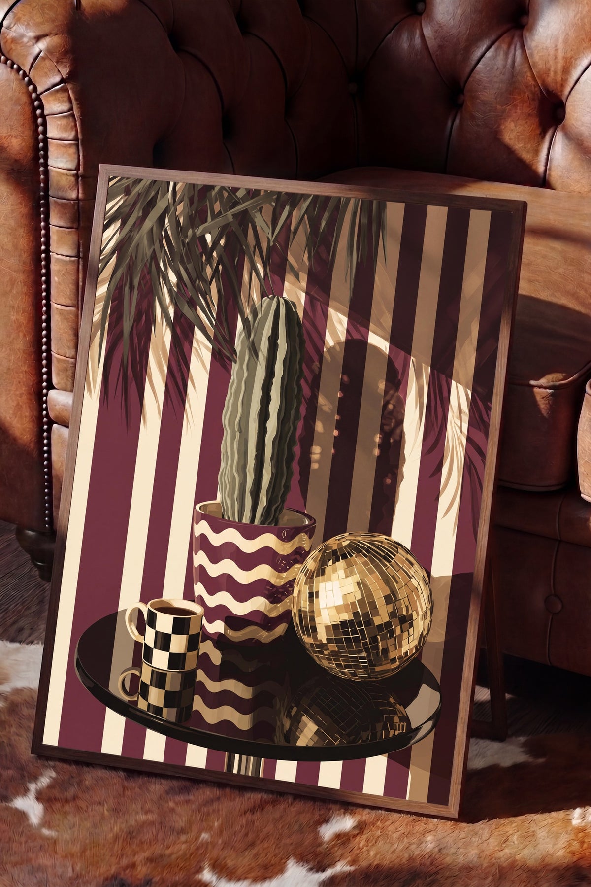Retro Kaktüs ve Disko Küresi Poster – Kahverengi Çerçeveli Tablo