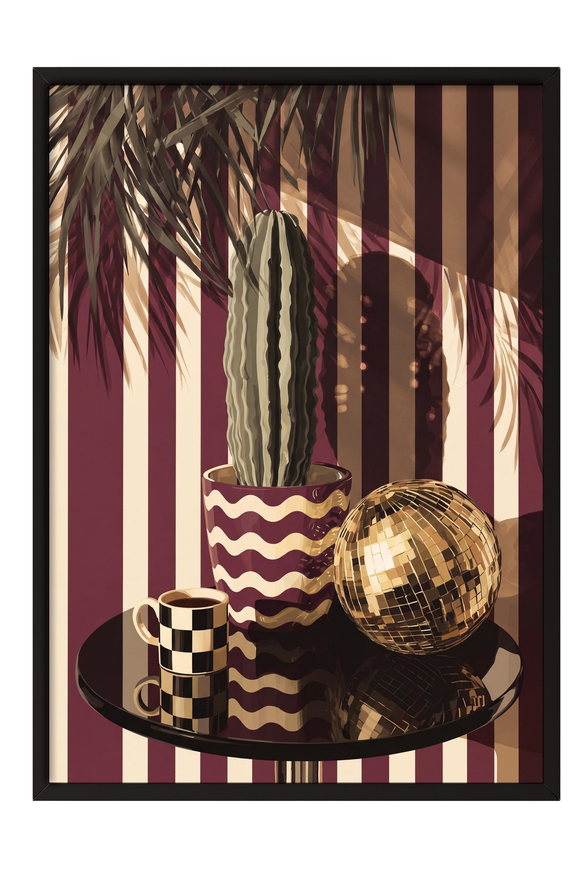 Retro Kaktüs ve Disko Küresi Poster – Siyah Çerçeveli Tablo