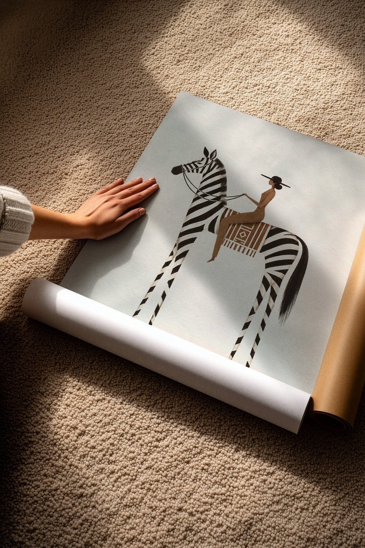 Zebra Üzerinde Oturan Kadın Çerçevesiz Poster