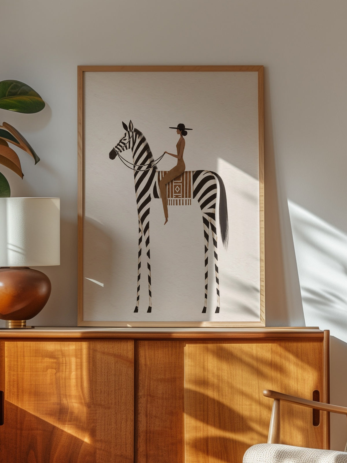 Zebra Üzerinde Oturan Kadın Poster – Ahşap Çerçeveli Tablo