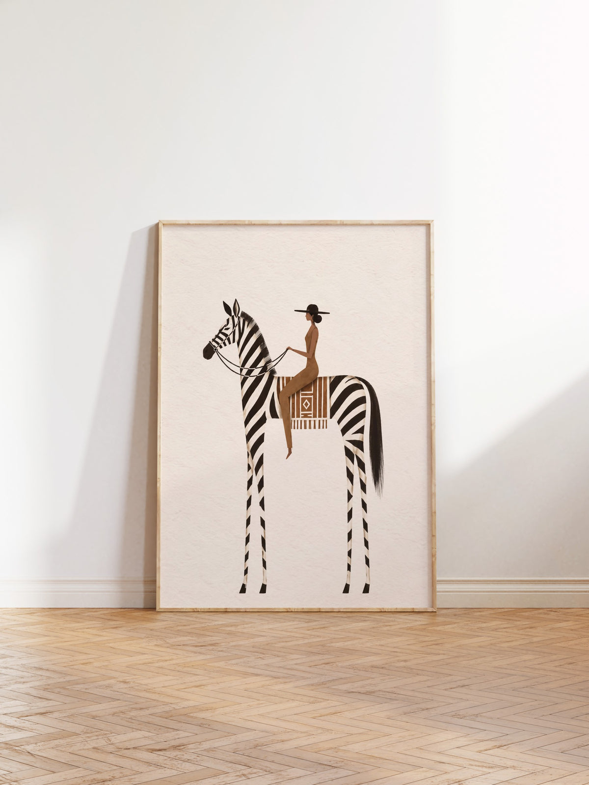 Zebra Üzerinde Oturan Kadın Poster – Ahşap Çerçeveli Tablo