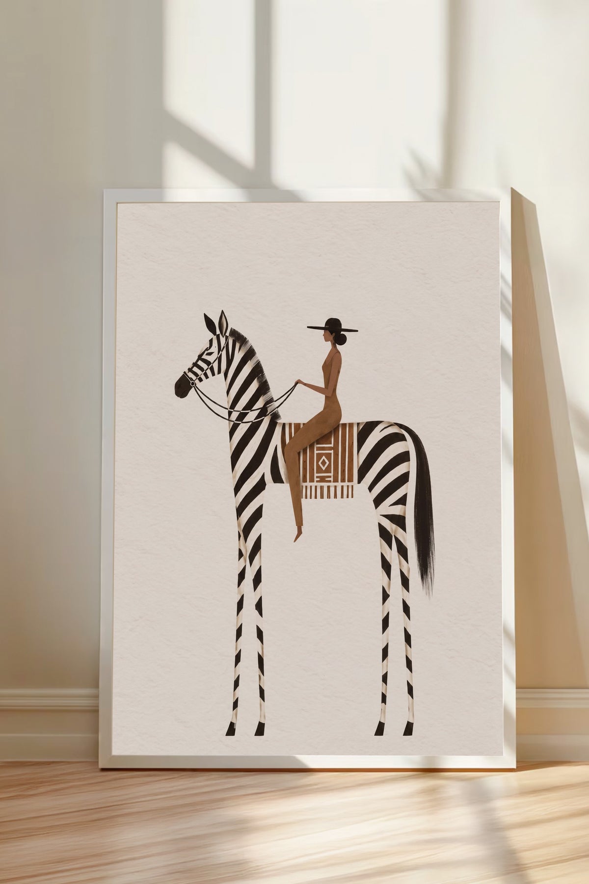 Zebra Üzerinde Oturan Kadın Poster – Beyaz Çerçeveli Tablo