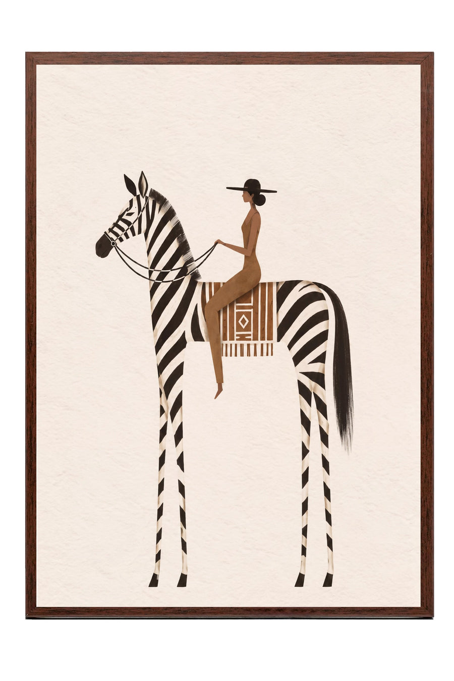 Zebra Üzerinde Oturan Kadın Poster – Kahverengi Çerçeveli Tablo