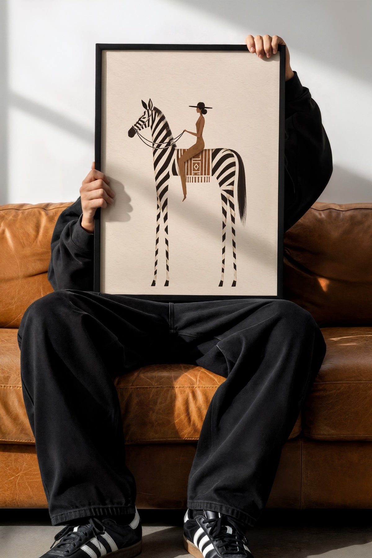 Zebra Üzerinde Oturan Kadın Poster – Siyah Çerçeveli Tablo