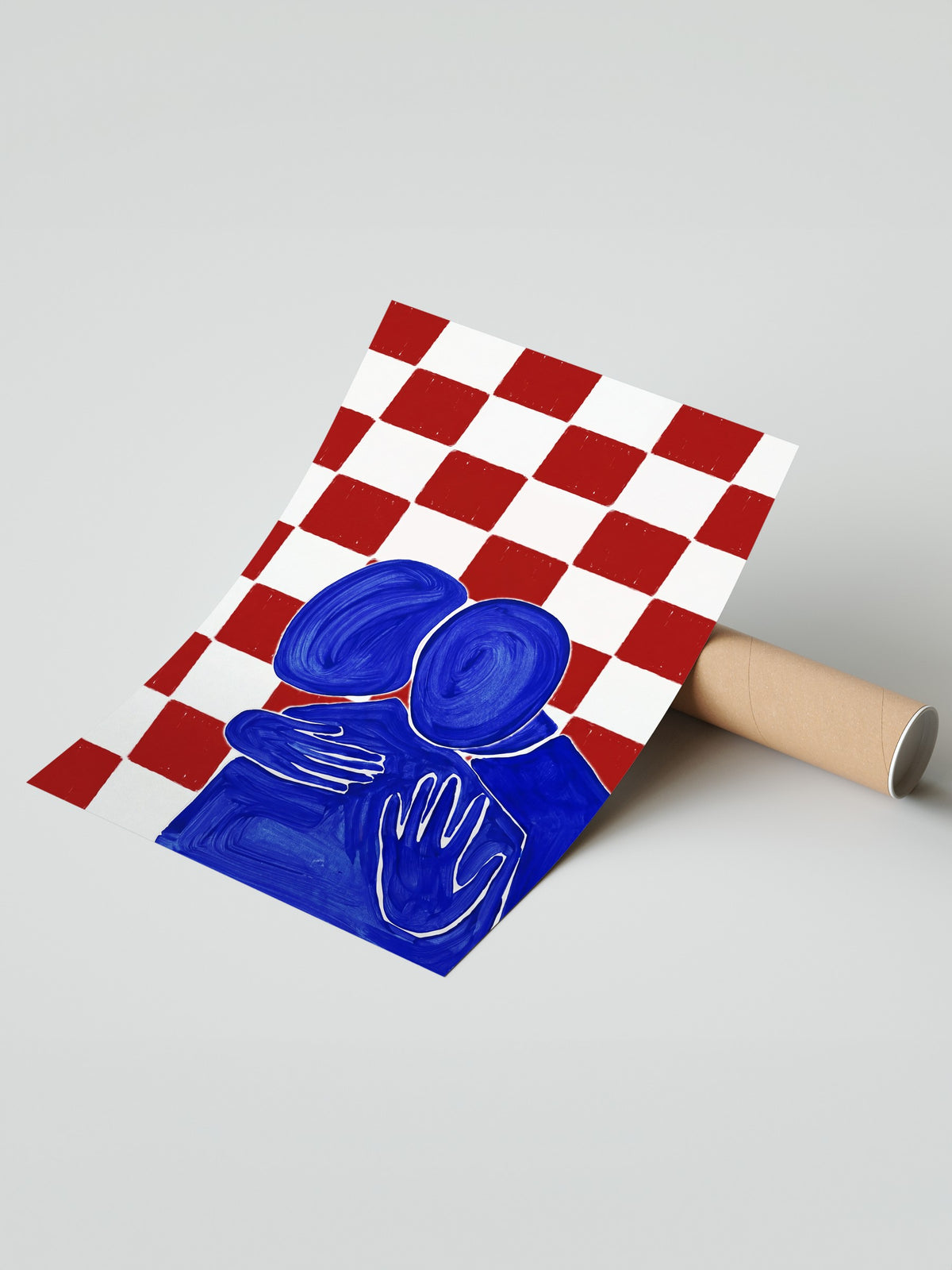 Kırmızı Kareli Sarılan Figürler Çerçevesiz Poster