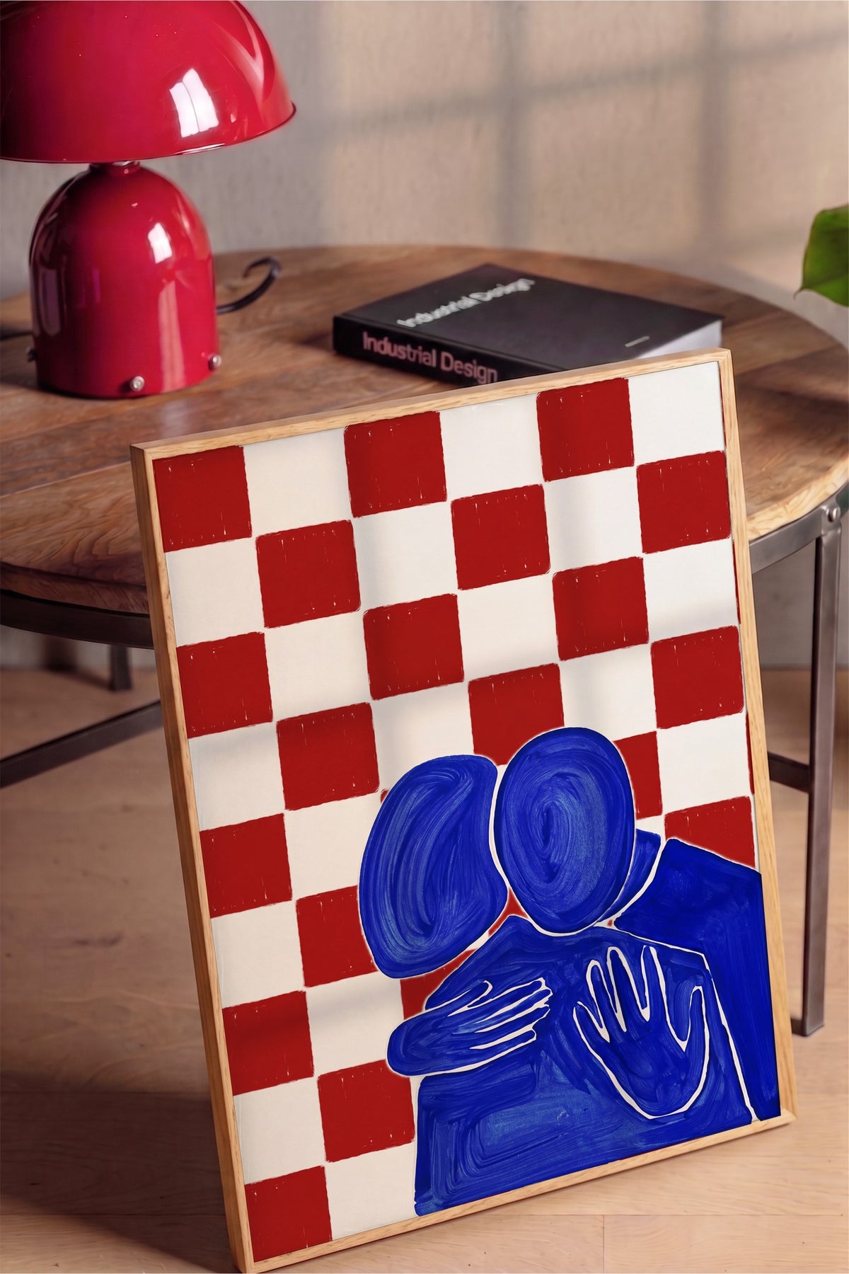 Kırmızı Kareli Sarılan Figürler Poster – Ahşap Çerçeveli Tablo