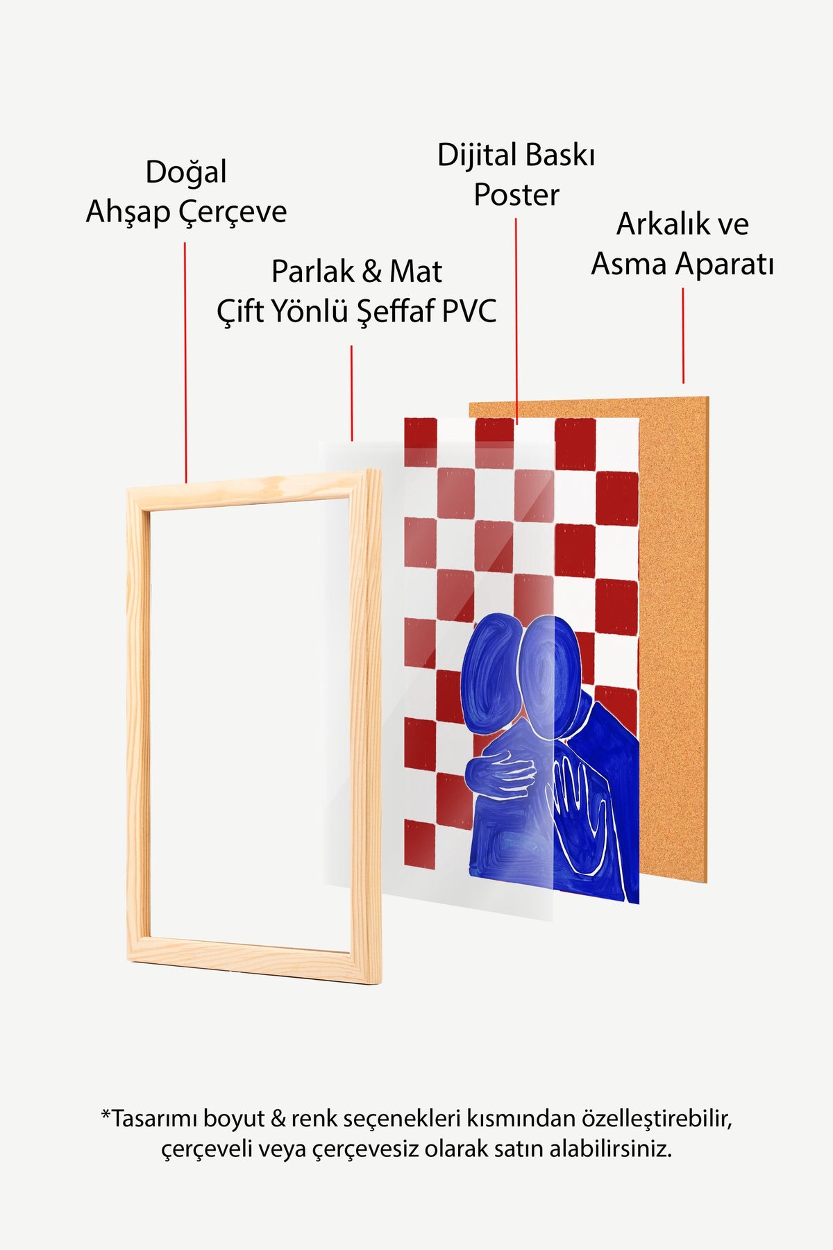 Kırmızı Kareli Sarılan Figürler Poster – Ahşap Çerçeveli Tablo
