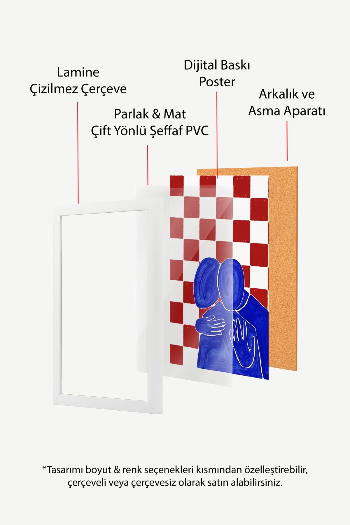 Kırmızı Kareli Sarılan Figürler Poster – Beyaz Çerçeveli Tablo