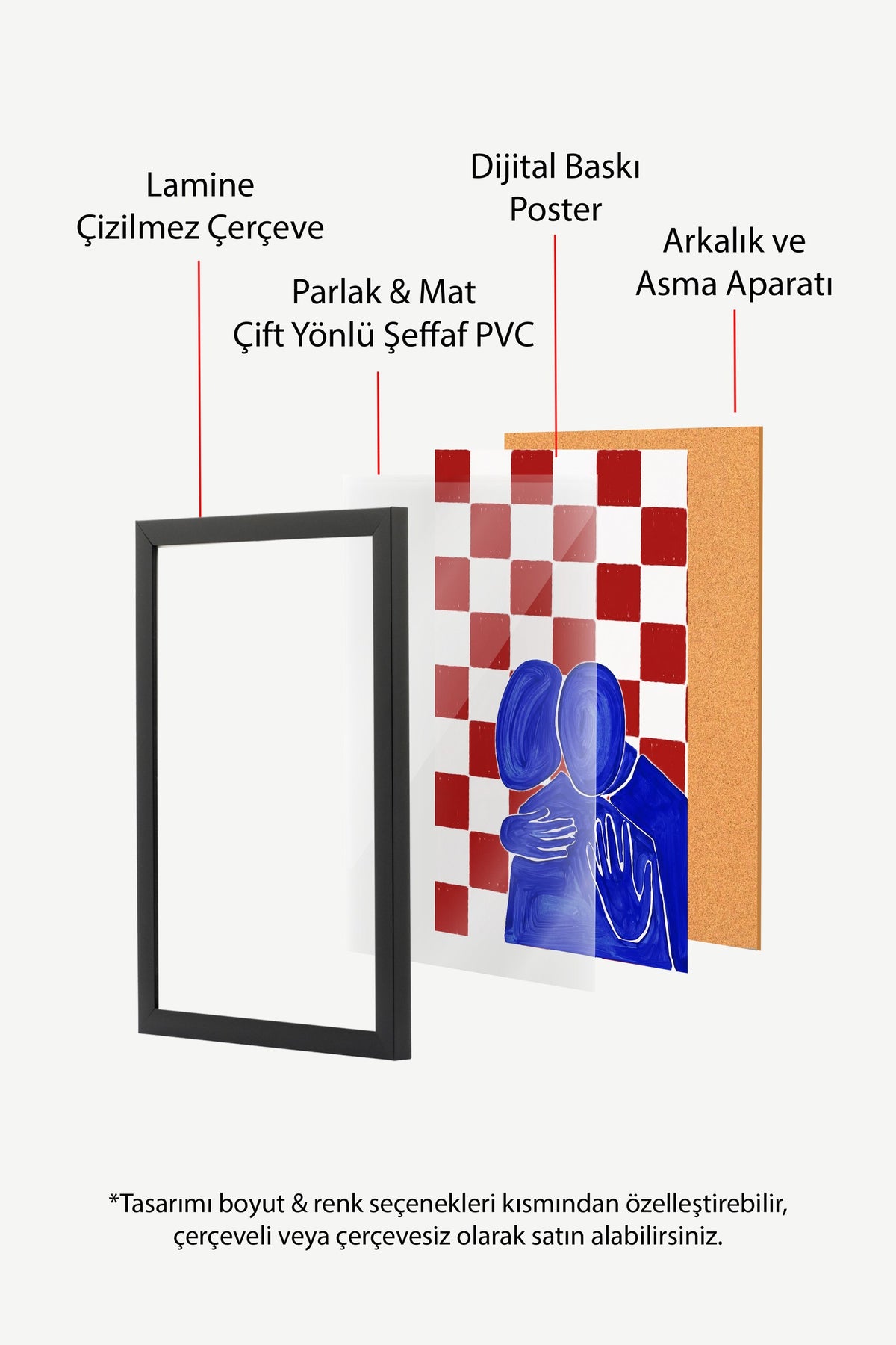 Kırmızı Kareli Sarılan Figürler Poster – Siyah Çerçeveli Tablo